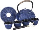 Blue Floral Cast Iron Teapot Set Japanese Style Tea Kettle with 4 Cups, Stainless Steel Infuser for Stove Top Tea Brewing 28 oz