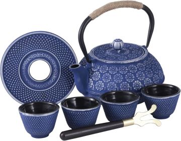 Blue Floral Cast Iron Teapot Set Japanese Style Tea Kettle with 4 Cups, Stainless Steel Infuser for Stove Top Tea Brewing 28 oz