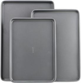 Everyday Nonstick Baking Sheet Set, 3 Pack Includes One Small, Medium Large Pan Carbon Steel Construction Cookie Sheet Bakeware Set, Gray