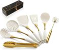 Elegant White Gold Silicone Cooking Utensils Set - Non-Toxic, Dishwasher Safe Kitchen Utensils Set with Heat Resistant Comfort Handles - Includes Spat