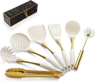 Elegant White Gold Silicone Cooking Utensils Set - Non-Toxic, Dishwasher Safe Kitchen Utensils Set with Heat Resistant Comfort Handles - Includes Spat