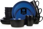 16-Piece Modern Dinnerware Set, Kitchen Plates and Bowls Sets, Service for 4, Blue and Black, Microwave & Dishwasher Safe