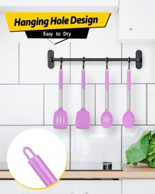 Pack of 4 Silicone Cooking Utensils Set, Non Stick Large Solid Spatulas, Heat Resistant Purple Slotted Spoons