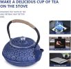 Blue Floral Cast Iron Teapot Set Japanese Style Tea Kettle with 4 Cups, Stainless Steel Infuser for Stove Top Tea Brewing 28 oz