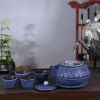 Blue Floral Cast Iron Teapot Set Japanese Style Tea Kettle with 4 Cups, Stainless Steel Infuser for Stove Top Tea Brewing 28 oz