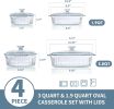 4-Piece Glass Casserole Baking Dish, Set of 2 Casseroles With Glass Lids, 1.9 Qt and 3 Qt