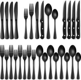 24-Piece Black Silverware Set with Steak Knives, Black Flatware Set for 4, Food-Grade Stainless Steel Tableware Cutlery Set (Color: Black)