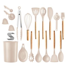 35Pcs Kitchen Cooking Utensils Set Spatula Set Baking Utensil Set Kitchen Accessories Necessities with Holder Egg Whisk Separator Tong Turner Spoons C (Color: Khaki, size: One size)